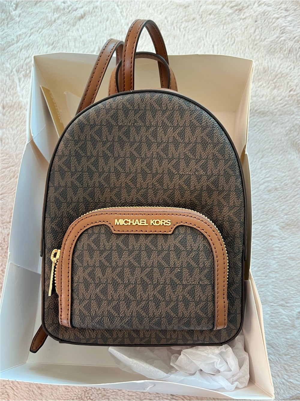 Michael Kors Brown MK Signature Mini Backpack with Tan Trim